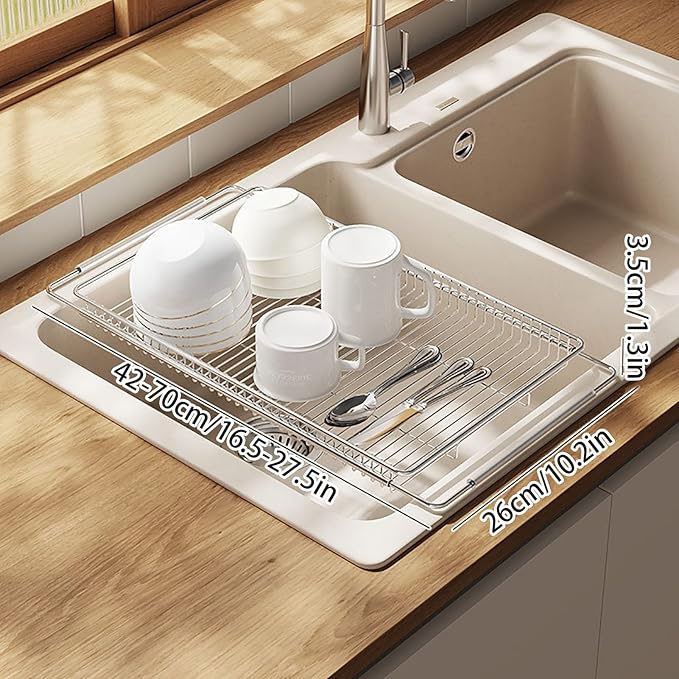 Expandable Dish Drying Rack Stainless Steel, Dish Drainer Over the Kitchen Sink, Dish Rack Vegetables and Fruits Strainer(Large)