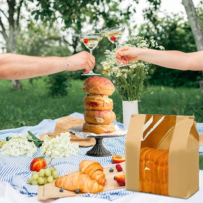 100 Pack Large Paper Bread Bags for Homemade Bread Sourdough Bags 14" x 8.3" x 3.5" with Tin Tie Tab Lock Clear Front Window Bakery Bag Packaging Cookie Bag with Label Seal Stickers