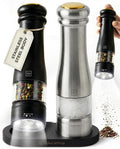 Electric Salt and Pepper Grinder Set - Styled Settings Electric Salt and Pepper Shakers, Automatic Stainless Steel Set with LED Light, Battery Operated, Adjustable Coarseness, Wood Base