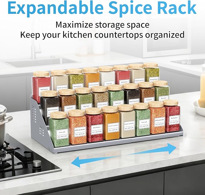 BOIVSHI Spice Rack Organizer, Metal Spice Rack Organizer for Cabinet, Countertop Spice Rack - Expandable Width, 3 Tier Spice Shelf for Cabinet, Countertop, Pantry, Cupboard, Gray