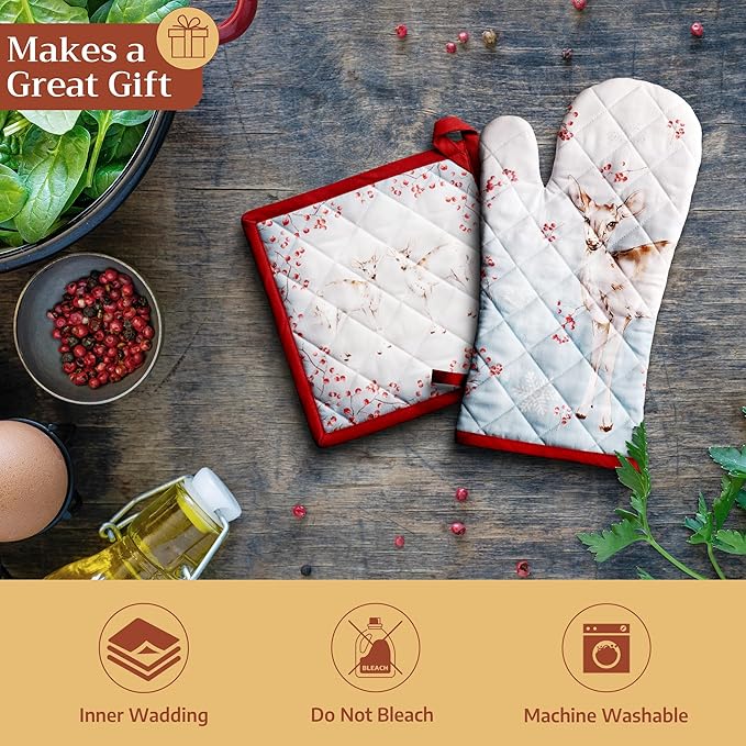 Maison d' Hermine Pot Holders Set 100% Cotton Heat Resistant Potholders 8" x 8" Hot Pads with Loop for Thanksgiving Christmas Decorations BBQ Baking Handling Hot Pans (Pack of 2, Fairy Tale Forest)