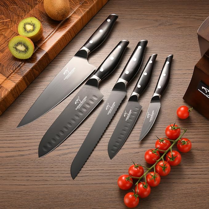 7-Piece Damascus Knife Set with VG10 Core Blades, 67-Layer Damascus Steel, Black Titanium Coated Kitchen Knives for Polished Ebony Wood Handle for a Comfortable, Ultra Sharp Chef Knife Set