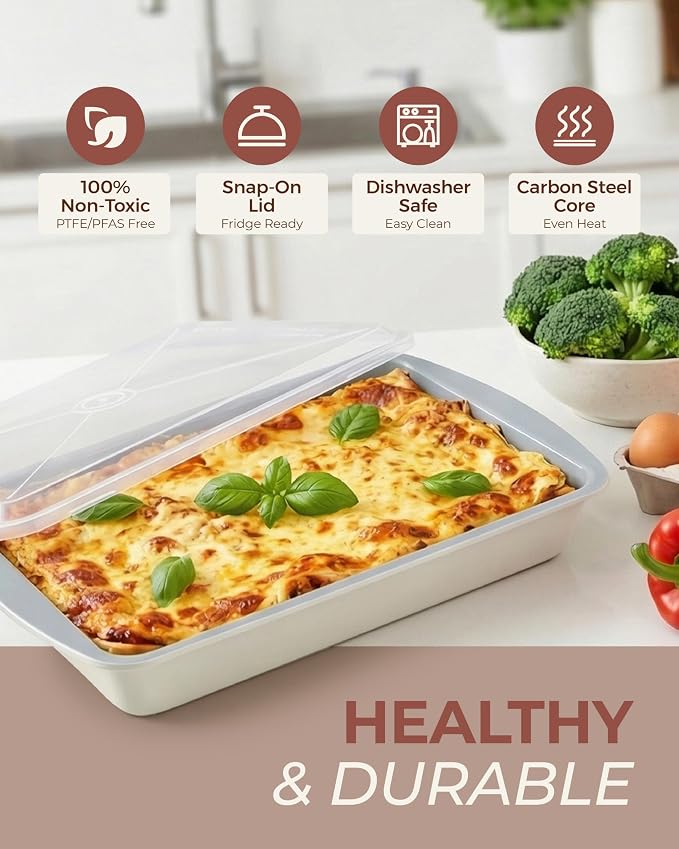 CARTMAN Cake Pan Set with Lids (2 Pans+2 Lids), 9x13 Inch Non-Stick Rectangular Coated Baking Pan, Healthy Toxin-Free Bakeware for Lasagna & Bread, Elegant Two-Tone Aesthetic Design, Cream