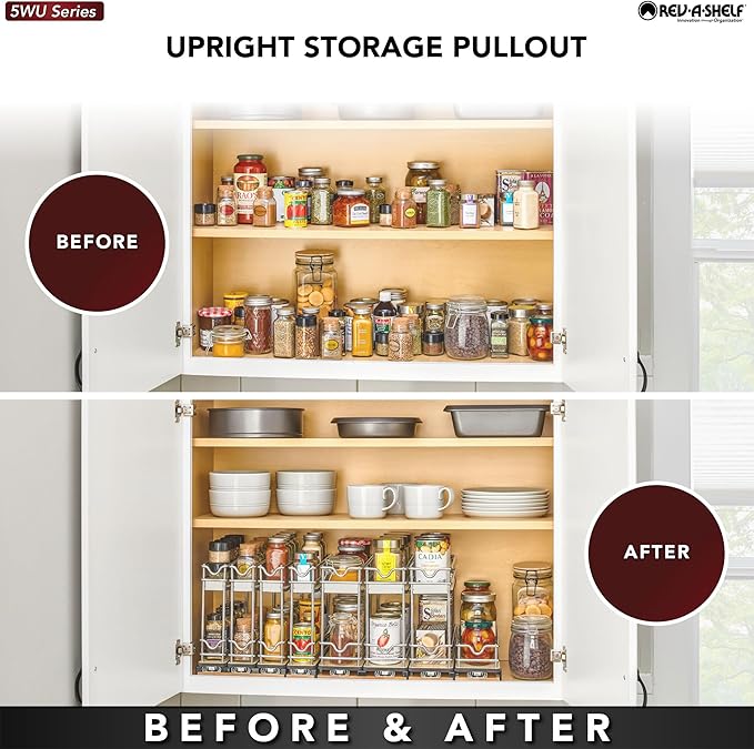 Rev-A-Shelf 5" Pullout Organizer for Cabinets, Two-Tier & Single-Wide Upright Sliding Storage for Kitchen Shelf, 5WU2-5W1-1