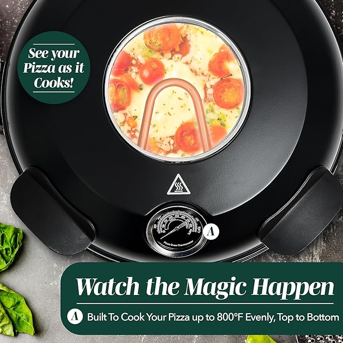 Cook With Color Electric Countertop Pizza Oven, Indoor Crispy Crust Pizza Maker, 12 Inch Pizza Oven with Ceramic Stone, Heats up to 800°F, Dual Temperature Control, Includes Pizza Peel, Black