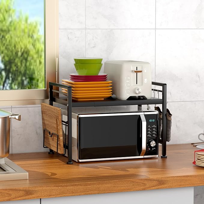 YIUKEA Extendable Microwave Oven Rack - Adjustable Kitchen counter shelf, 2 Tier Microwave Stand (L15.7~23.6" xW12.8 xH17.7) with 6 Hooks for Kitchen Countertop Organizer (Black)