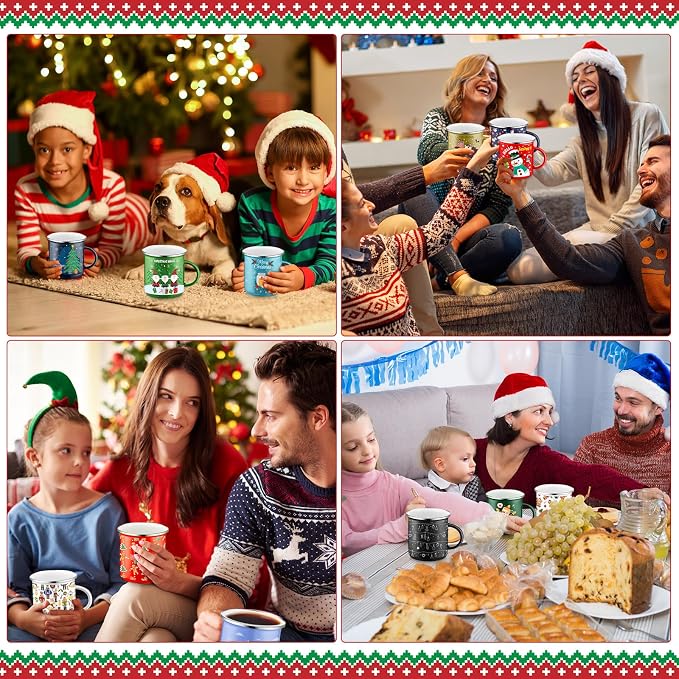 Sliner 16 Pcs Christmas Enamel Mugs, 12 oz Coffee Mugs Bulk Hot Chocolate Mug Set Cute Enamel Tea Cups Winter Holiday Christmas Employee Gift for Family Coworkers (Fashion Style)