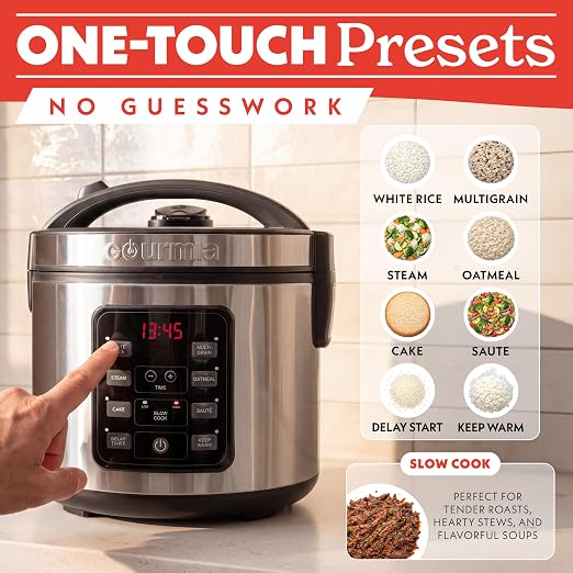 Gourmia Rice Cooker – 3 Qt Capacity, 12 Cup Cooked, 6 Cup Uncooked, Digital Controls, Grain Cooker & Steamer, Built-In Steamer Basket, Nonstick Ceramic Pot, Delay Timer, Keep Warm, Stainless Steel