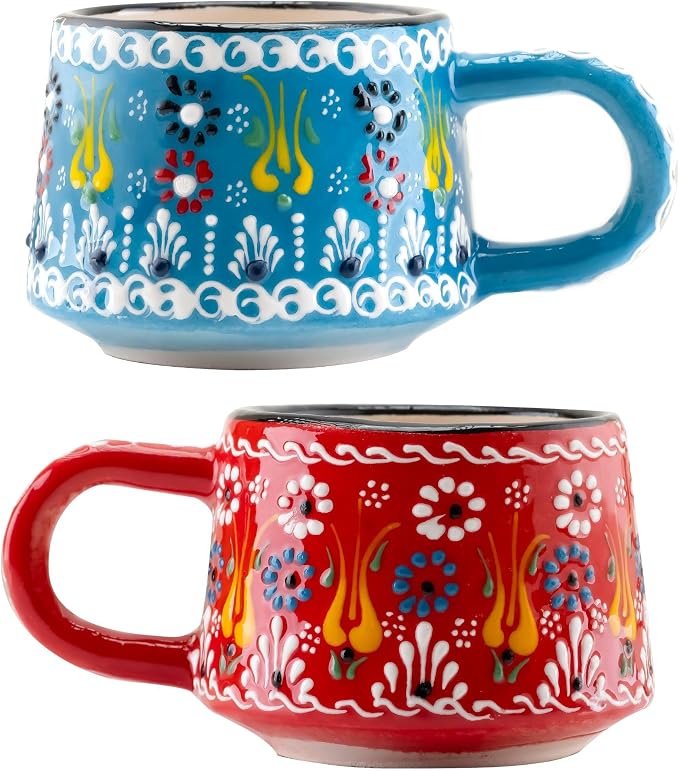 BCS 6 Oz Cappuccino Cups Set of 2, Ceramic Coffee & Tea Mugs, Colorful Handmade Cups, Dishwasher & Microwave Safe Ceramic Mugs (3 Inches, Blue - Red)