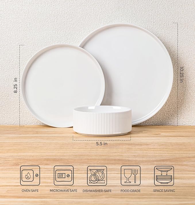 TheTerra Ceramic Dinnerware Sets for 6, 18 Pieces Porcelain Lightweight Plates and Bowls Sets, Scratch Resistant Dish Set, Oven & Microwave & Dishwasher Safe, Bright White