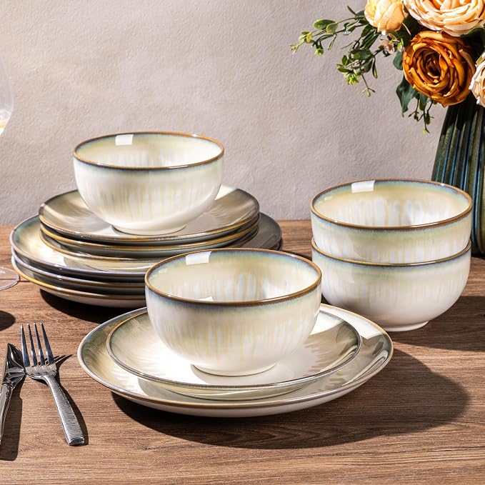 LERATIO Ceramic Dinnerware Sets for 4,Reactive Glaze Plates and Bowls Set with Mugs, Dishwasher,Microwave & Oven Safe Dishes set-Sage Ivory