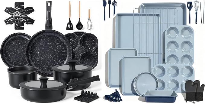 Ammeloo 21pcs Ceramic Pots and Pans Set Non Stick with Detachable Handles and Egg Frying Pan & 22-Piece Baking Pans Set Stackable Bakeware