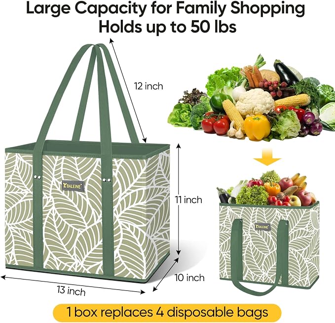 BALEINE 6Pk Reusable Grocery Bags, Foldable Shopping Bags for Groceries with Reinforced Bottom & Handles (Antique Foliage)