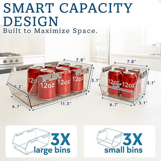 HOMESTEAD Set of 6 Stackable Storage Bins, 3 Large + 3 Small Clear Plastic Organizer Bins, Open Front Design for Kitchen Pantry, Fridge, Cabinet, Bathroom Organization and Snack Storage