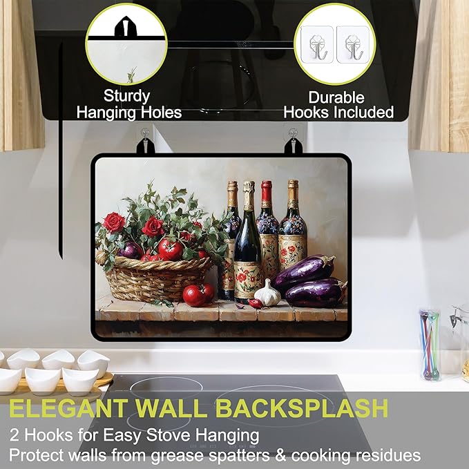 Glass Stove top Cover 28"x 20", Stove Top Covers for Electric Stove, Flat Range Mat for Glass Cooktop, Kitchen Heat-Resistant Protector Non-Slip Drying Mat (Foods and Wine Bottles)