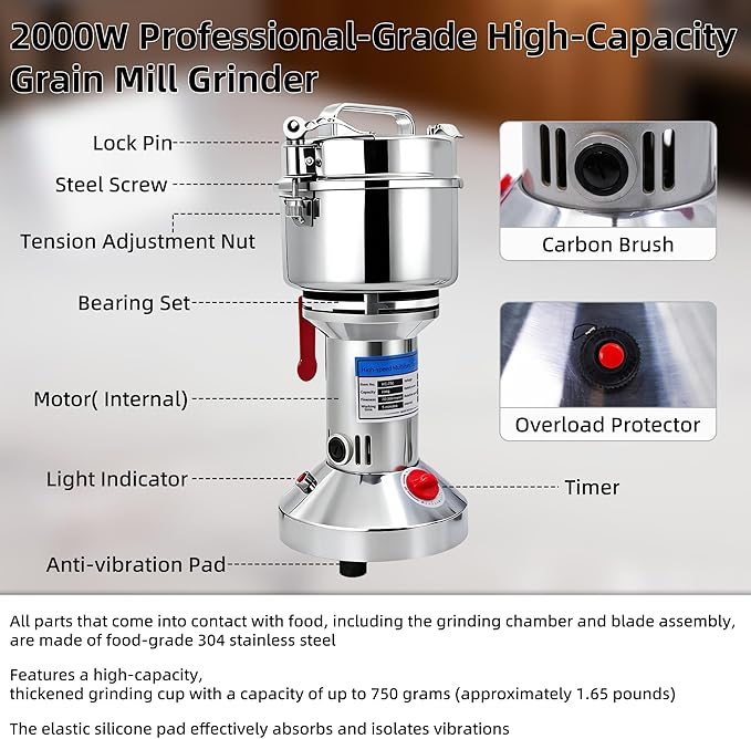 750g Grain Mill Grinder, 2000W High Speed Wheat Grinder for Making Flour, Stainless Steel Countertop Grain Mill Flour Suitable for Coffee Beans, Pepper, Dry Spice