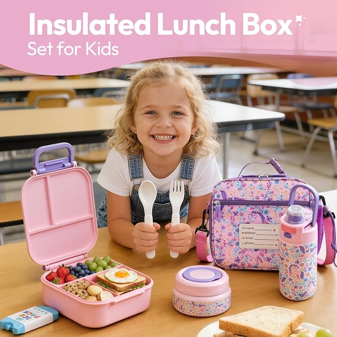 Itslife Bento Box for Kids Set, Insulated Food Container,Kids Lunch Box, 7 oz Thermos for Hot Food, 12 oz Thermos Water Bottle, Reusable Insulated Ice Bag & Fork Spoon Utensils Camping Travel Pink