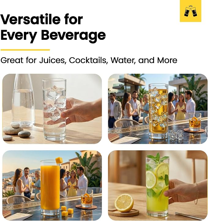 LEMONSODA Premium Highball Glass Set | Tom Collins Glasses 12oz Set of 6 | Lead-Free Glass with Heavy Base | Dishwasher Safe Cocktail Glasses for Mojito Whiskey Iced Tea | Modern Durable Bar Glassware