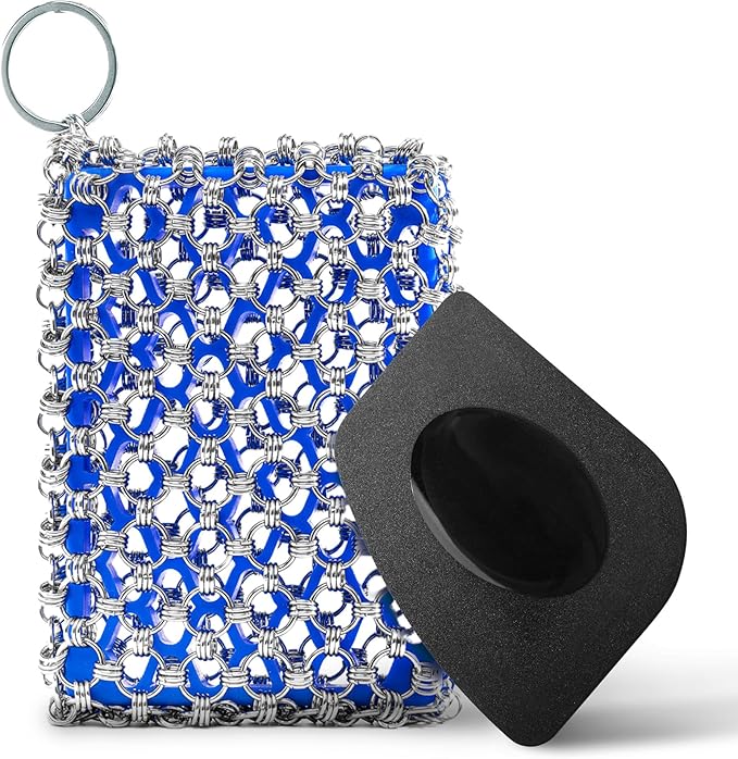 Cast Iron Care Bundle: 316 Stainless Steel 𝐓𝐫𝐢𝐩𝐥𝐞 𝐑𝐢𝐧𝐠 𝐂𝐡𝐚𝐢𝐧𝐦𝐚𝐢𝐥 Scrubber (Blue) & Extra Thick Leather Handle Cover (𝐌𝐚𝐝𝐞 𝐢𝐧 𝐆𝐞𝐨𝐫𝐠𝐢𝐚) – Perfect for Pan