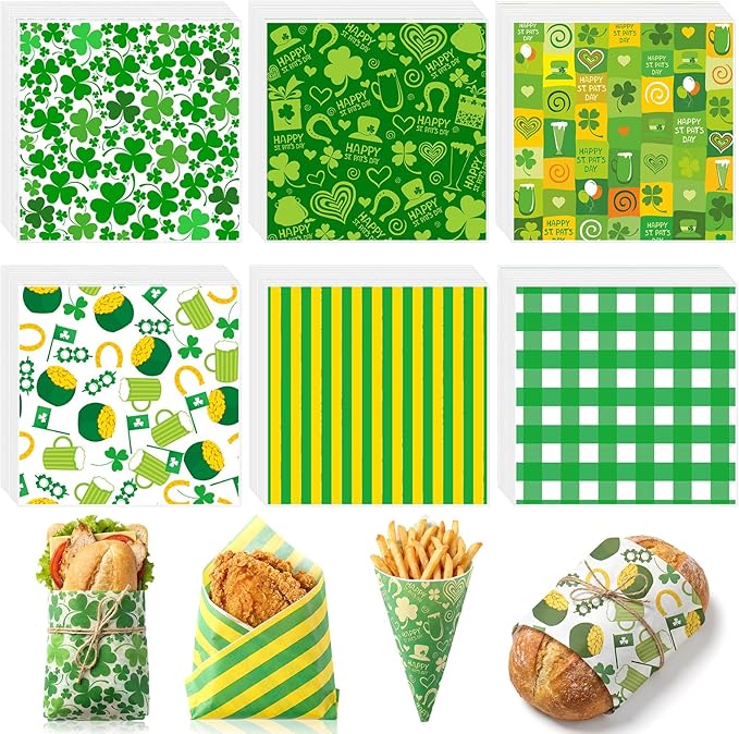 Reallnaive 300 Pcs St. Patricks Day Wax Paper Sheets 12 x 12 Inch Green Shamrock Parchment Deli Tissue Paper Sandwich Wrapping Sheets Food Basket Liners for Kitchen Restaurant Baking Supplies, 6 Style