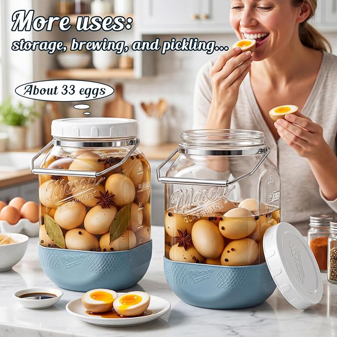 2 Pack Square Glass Containers with Airtight Lids, Wide Mouth Mason Jars, 1 Gallon Glass Jar With Handle & Non-slip Base & Scale Mark, 128 Oz Pantry Storage Canisters for Flour, Rice, Pickle