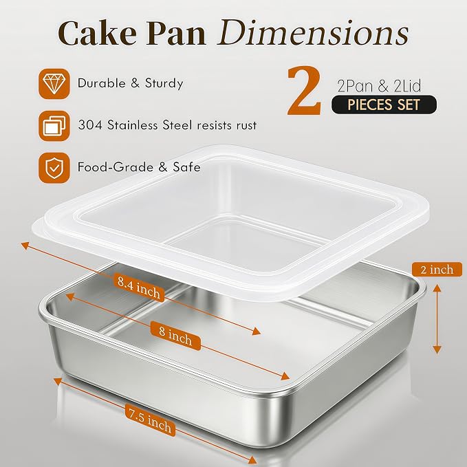 8x8 Baking Pan with Lid, Stainless Steel Brownie Pan, Square Cake & Casserole Bakeware, Heavy Duty Non-Toxic Oven Pan, Dishwasher Safe (2 Pans + 2 Lids)
