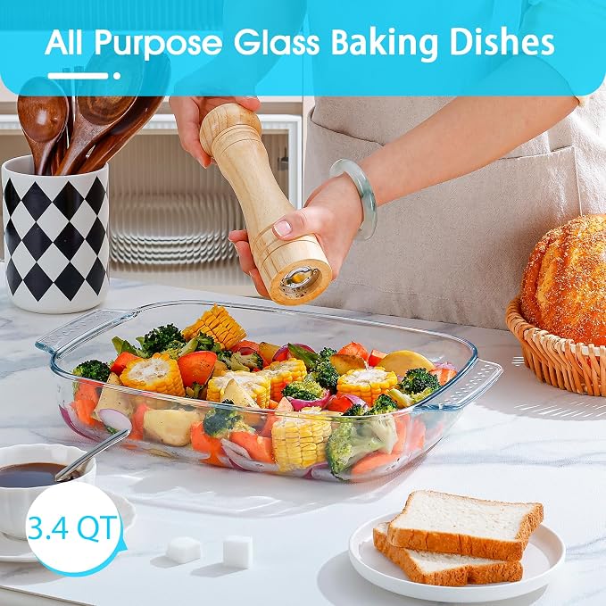 Large Glass Baking Dish Set, Easy Grab Oven Safe Glass Pan for Cooking 2 QT+2.7 QT+3.3 QT
