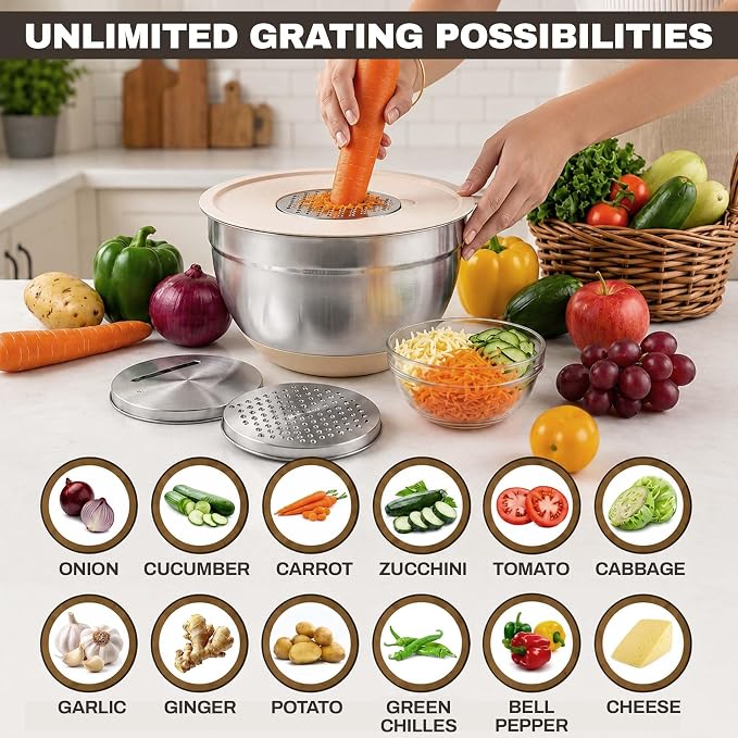 Four Flowers Heavy-Duty Mixing Bowls Set with airtight lids – 11 PCS Stainless Steel Nesting Kitchen Bowls, Mixing Bowls with Non-Slip Bottoms and Grater Attachment, Best for Mixing and Serving