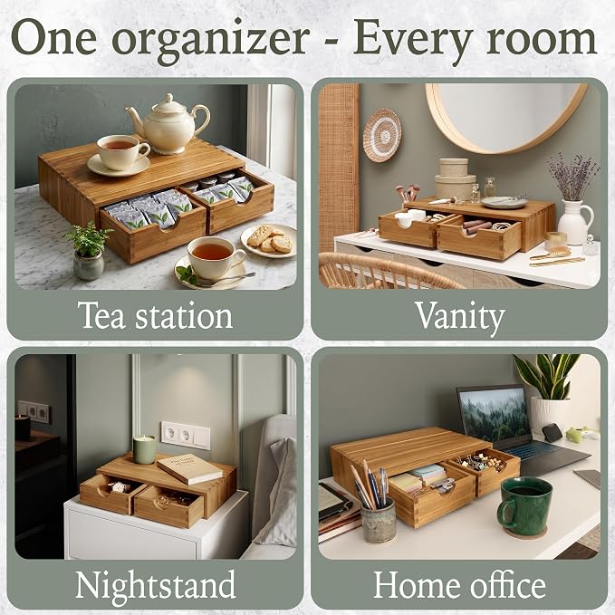 Acacia Wood K Cup Drawer Under Coffee Maker, 30 Pod Wooden K Cup Organizer with Movable Dividers for Countertop, Fits Nespresso Vertuo, Lavazza Capsules, Tea Bags