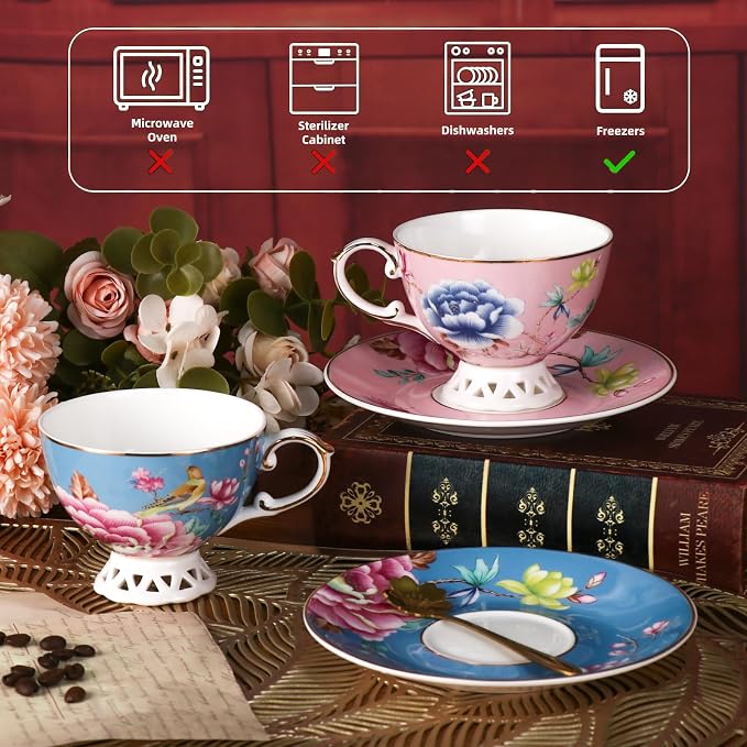 KAMMAK Tea Cups and Saucers Set of 2, Fine Bone China Coffee Cups, Stackable Espresso Mugs, Ceramic Demitasse for Coffee, Cappuccino, Latte, Americano, Tea, Blooming Flowers (Blue + Pink)