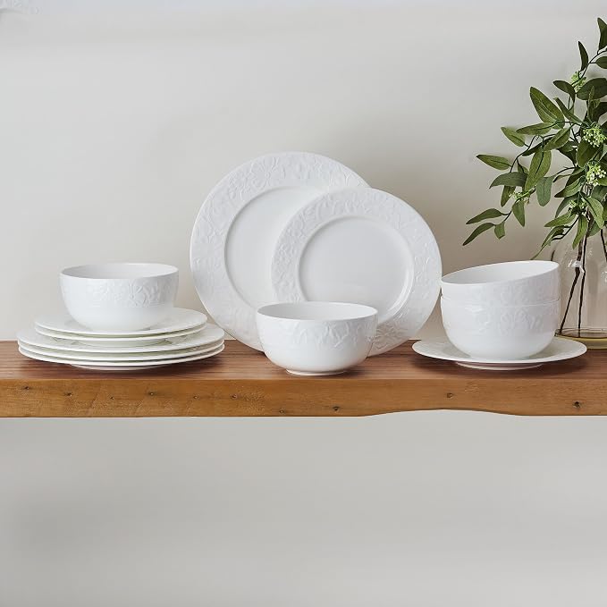 Mikasa Claire Floral Bone China Lightweight Chip Resistant 12 Piece Dinnerware Set, Service for 4, White