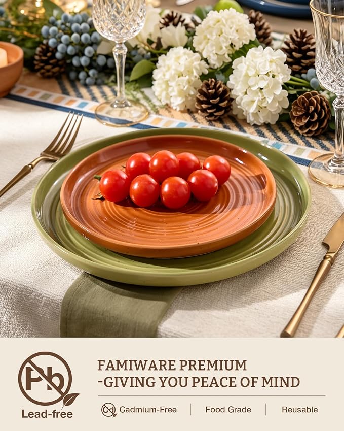 24-Piece Stoneware Dinnerware Sets for 8 - Coupe Plates and Bowls with Speckles & Spirals - Chip & Scratch Resistant, Microwave & Dishwasher Safe - Gift Box - Multicolor, Earthy Tones