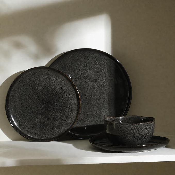 Stone Lain Mirella 24-Piece Stoneware Round Kitchen Dinnerware Set with Plates and Bowls, Service for 8, Charcoal