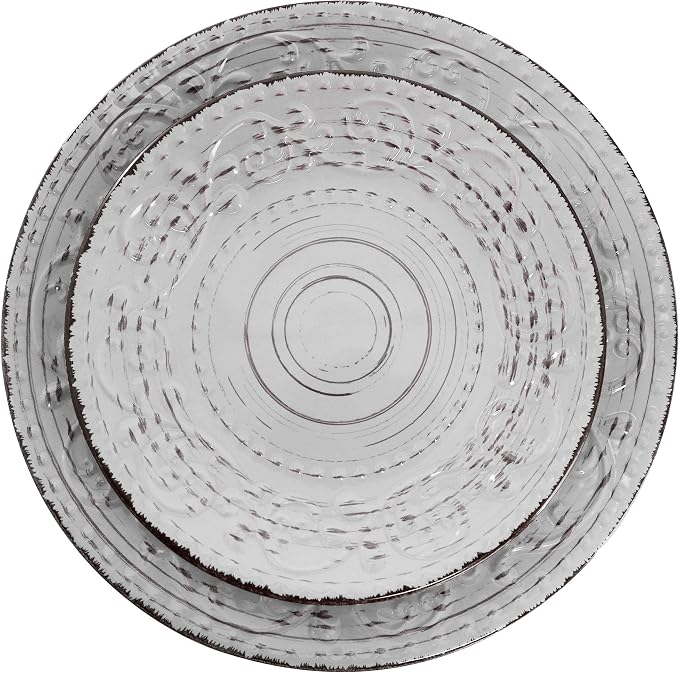 Elama Malibu Calcite 16-Piece Stoneware Embossed Pattern Reactive Glaze Light Gray Dinnerware Set, Tableware, Serveware Set (Calcite Gray)