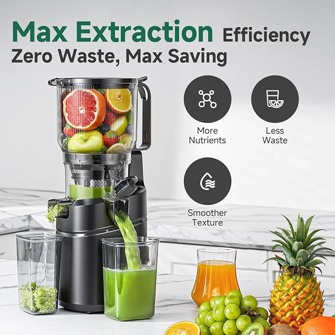 AMZCHEF Cold Press Juicer – 6.5" Wide Mouth Hopper for Whole Recipe Loading, Self Feeding for Hands-Free Operation, Zero Waste Masticating Juicer For More Juice, Less Pulp – Triple Strainers