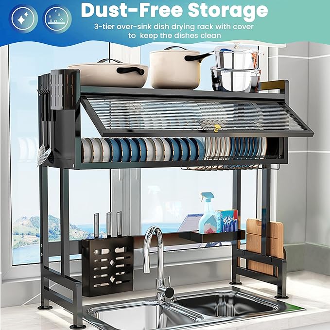 Dish Drying Rack, 3 Tier Over The Sink Dish Drainer Drying Rack, 33.5" Over Sink Dish Rack, Space-Saving Kitchen Sink Organizer, Large Drying Rack with Cover Baskets Black
