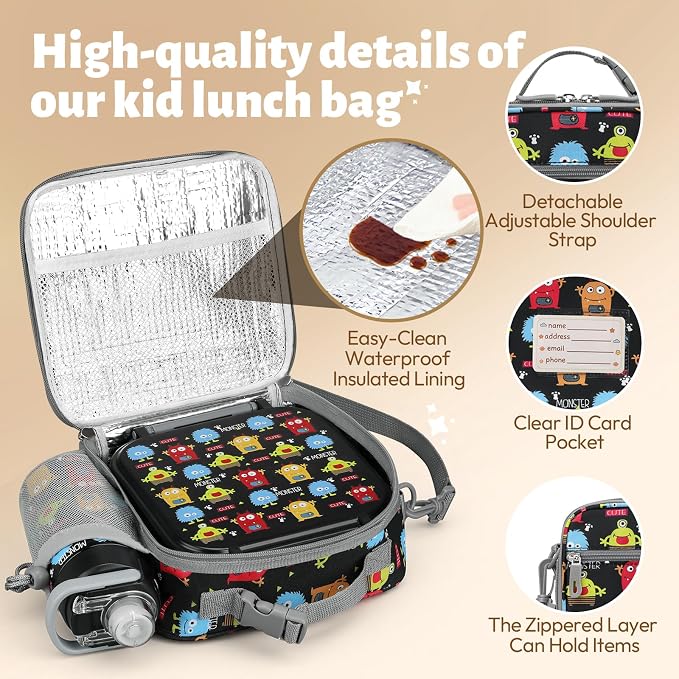 Itslife Bento Box for Kids Set, Insulated Food Container,Kids Lunch Box, 7 oz Thermos for Hot Food, 12 oz Thermos Water Bottle, Reusable Insulated Ice Bag & Fork Spoon Utensils Camping Travel Black
