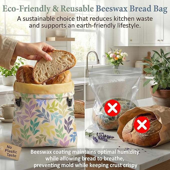2 Pack Reusable Beeswax Bread Bags for Homemade Sourdough, XL 17"x13" Natural Cotton Beeswax Linen Food Storage Bags, Freezer Safe to Keep Loaves Fresh Longer, Ideal Gift for Bakers