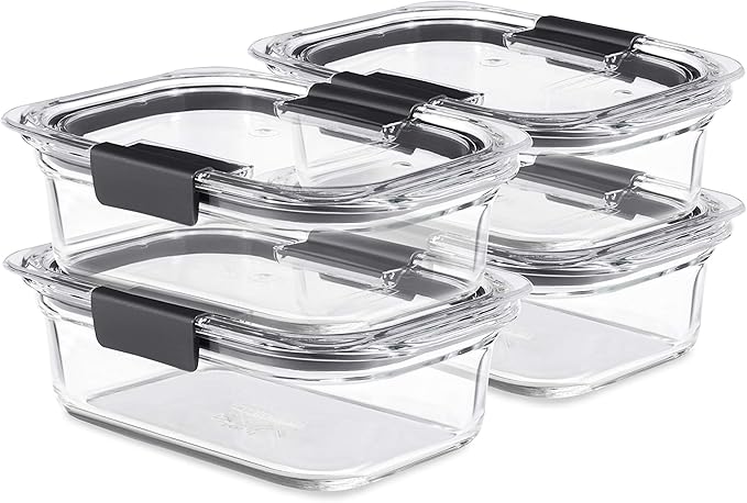 Rubbermaid Brilliance Glass Storage 3.2-Cup Food Containers with Lids, BPA Free and Leak Proof, Medium, Clear, Pack of 4 & Brilliance Food Storage Container, Large, 9.6 Cup, Clear 2024351