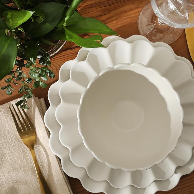 Gibson Elite Bistro Fleur Plates and Bowls Sets, 12-Piece Stoneware Dinnerware Set for 4, Ivory White Scalloped Dish Set with Dinner Plates, Salad Plates & Bowls