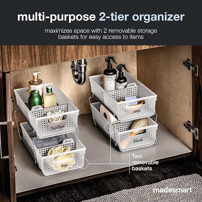 madesmart 2-Tier Plastic Multipurpose Organizer with Divided Slide-Out Storage Bins, Under Sink & 2-Tier Plastic Multipurpose Organizer with Divided Slide-Out Storage Bins