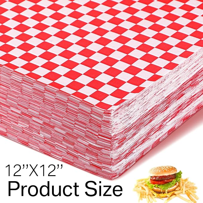 Spakon 1000 Sheets Wax Deli Paper Sheets for Food 12 x 12 Inch Checkered Dry Waxed Deli Basket Liners for Sandwich Wrapping, Food Basket Liners, Picnic party(Red-white)