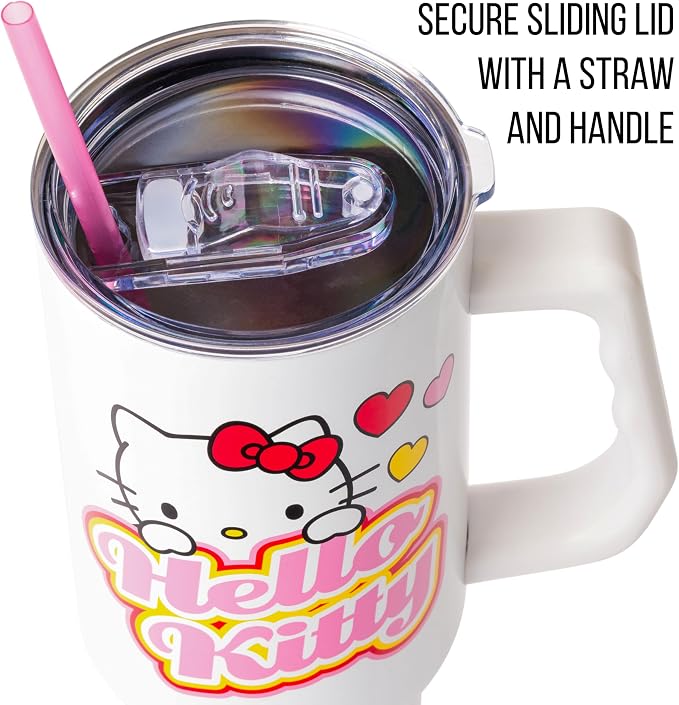 Silver Buffalo Sanrio Hello Kitty Name and Hearts Double Walled Stainless Steel Tumbler with Handle and Straw, Fits in Standard Cup Holder, 40 Ounces