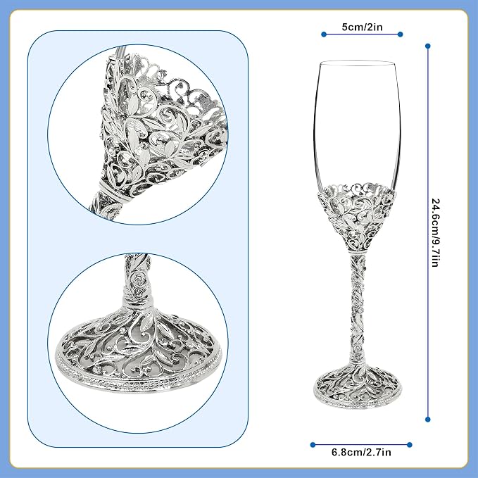 Champagne Flutes -His and Hers,Wedding Toasting Glasses for Engagement Celebrations, Bridal Shower and Registry Idea, Tall Wine Glasses for Bride and Groom Gifts,7oz (Silver new)