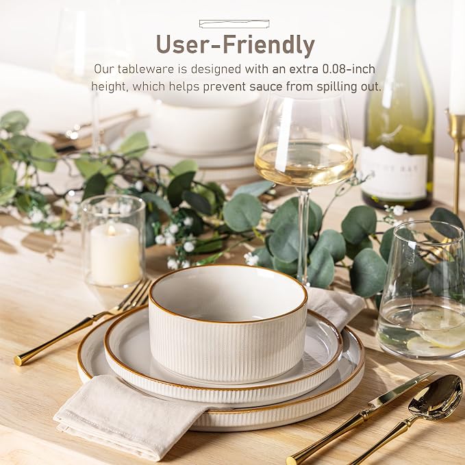 GBHOME 12-Piece Stoneware Dinnerware Set for 4 – Ribbed Ceramic Plates and Bowls, Scratch-Resistant, Microwave & Dishwasher Safe, Reactive Glaze, White with Honey-Brown Edge