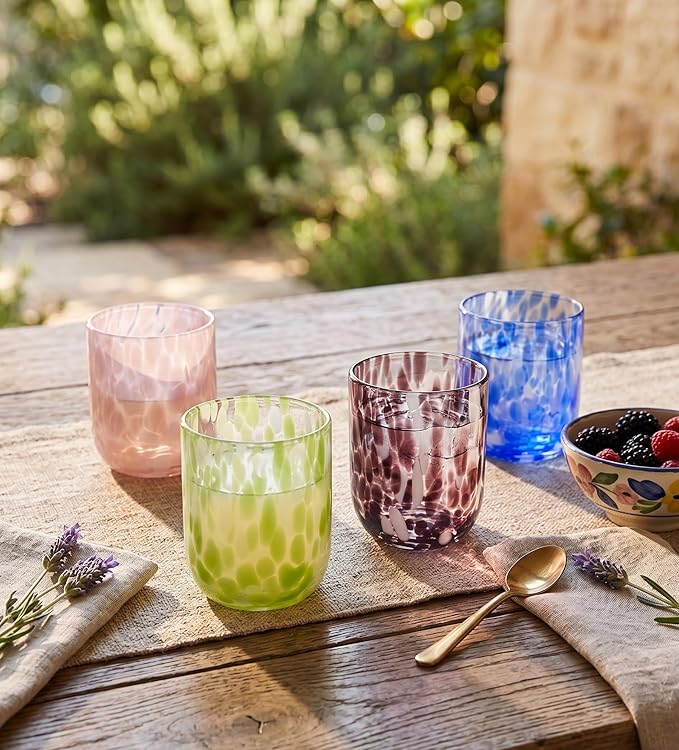 Stephanie Imports Set of 4 Handcrafted Double Old-Fashioned Confetti Drinking Glasses (12 oz) (Ocean Blue & White)