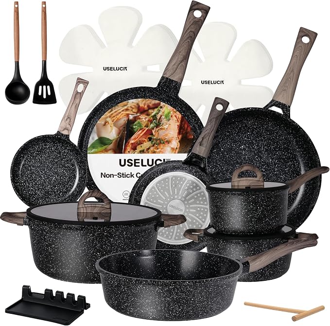 USELUCK Pots and Pans Set Non Stick Non-Toxic 22 Pcs Ceramic Cookware Sets Nonstick Kitchen Pot&Pan With Lid Jet Black Granite Induction Compatible with Glass Lids Crepe Frying Pan PFOA/PFOS-Free