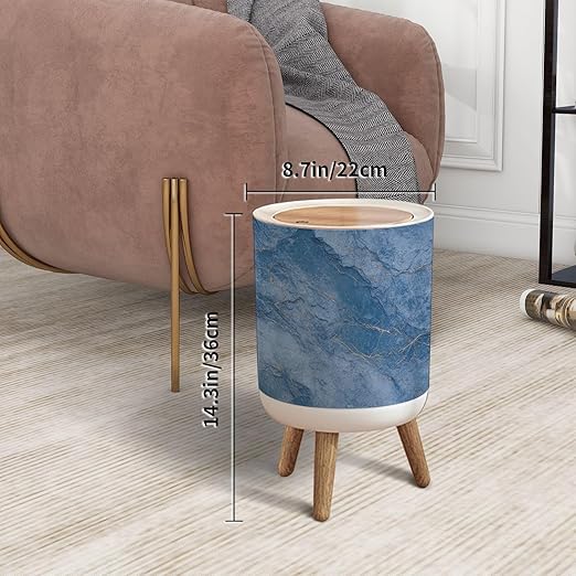 Trash Can with Lid Blue marble stone White veins Emperador Italian glossy granite marble Press Top Round Small Garbage Bin with Wooden Legs Waste Basket for Kitchen Bedroom Nursery 7L/1.8 Gallon