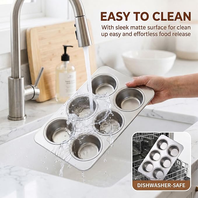 LIANYU 2 Pack Muffin Pan 6 Cups, Premium Stainless Steel Cupcake Tin Mold for Baking Small Muffin Cake, Everyday Muffin Baking Tray for Oven, Regular Size & Rust Resistant