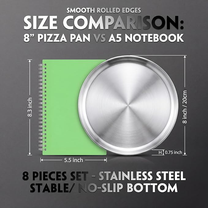 Thenshop 8 Pieces 8 Inch Pizza Pans Bulk Stainless Steel Sets Round Bakeware Pizza Trays for Oven Freezer Kitchen Baking Home Restaurant Picnics Safe Sturdy Reusable Easy Clean(Silver)